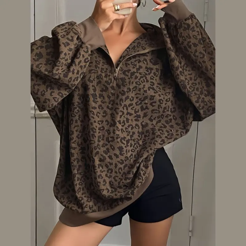 Women's Leopard Print Half Zip Pullover Oversized Drop Shoulder Long Sleeve Top Contrast Cuff & Hem Loose Relaxed Fit Casual Streetwear Trendy Animal Pattern Sweatshirt