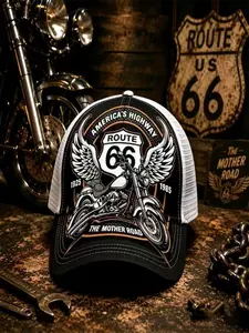 66 Highway Motorcycle Truck Hat, Breathable Mesh, All-Over Print, Adjustable Baseball Cap, Unisex, Vintage American Style Accessory