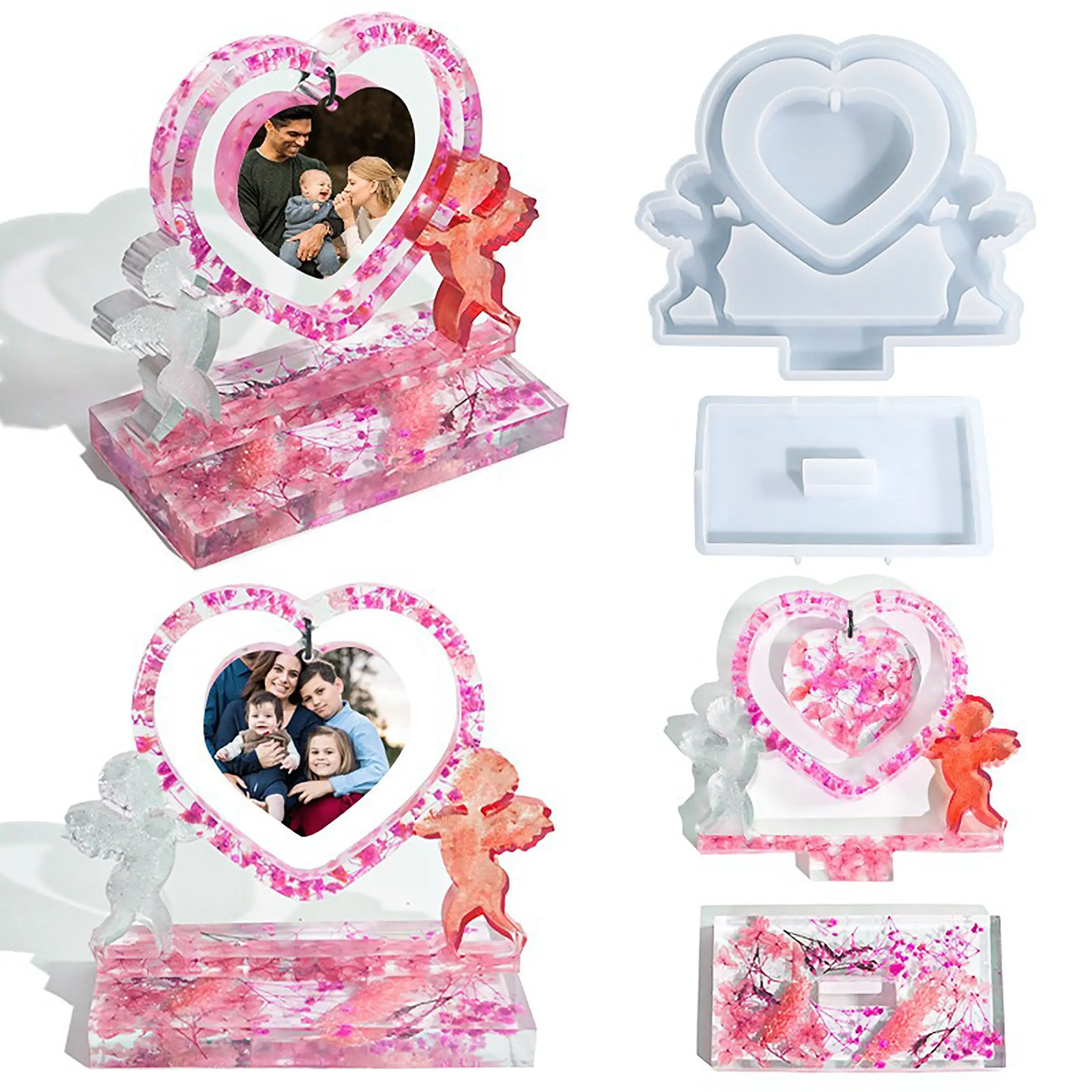 1 set Cupid Heart Photo Frame Resin Mold, Silicone DIY Picture Frame Molds with Base, Epoxy Resin Casting, Mother's Day Valentine's Gift