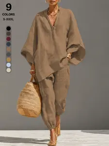 Women's Summer Thin Loose Fit Solid Deep V Neck Batwing Sleeve Pants Set, Casual Long Length 3/4 Sleeve, Comfortable Daily Wear, Multiple Colors