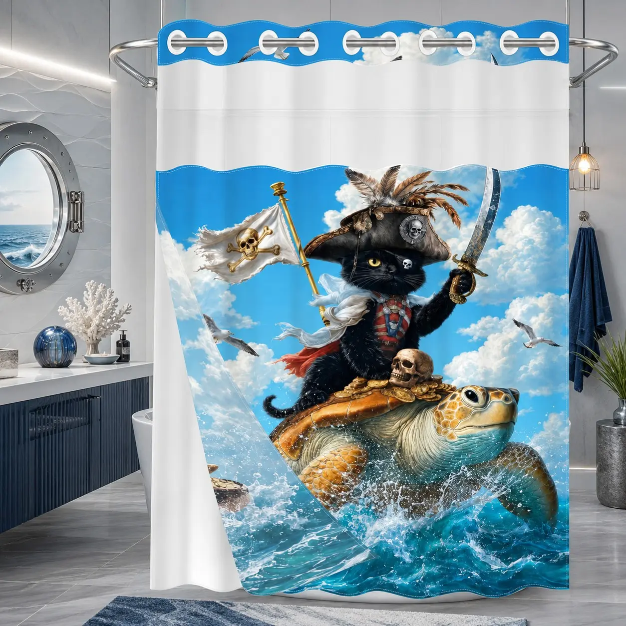 1Pc Hookless Double Layer Shower Curtain Set, Shower Curtain No Hooks, Pirate Black Cat & Sea Turtle Print, Snap-In Waterproof Mildew-Resistant Liner, Fabric Curtain with Sheer Window, 71×74 Inch, Machine Washable, for Home, Apartment & Hotel Bathrooms