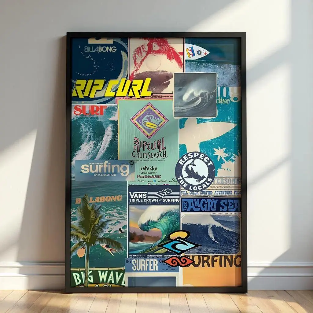 Rip Curl Surfing Poster, Billabong Wave Collage Wall Art, Vintage Surf Magazine Print, Beach House Decor, Surfer Gift, Coastal Bedroom Art