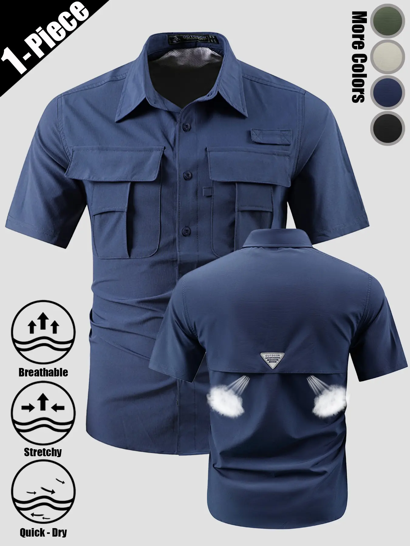 Men's Casual Fashion Comfortable Wear-Resistant Waterproof Stretch Tactical Short Sleeve Shirt Multi-Pocket Lightweight Breathable Open Front Cargo Outdoor Top Versatile For Daily Commute Wilderness Adventure Hiking Fishing