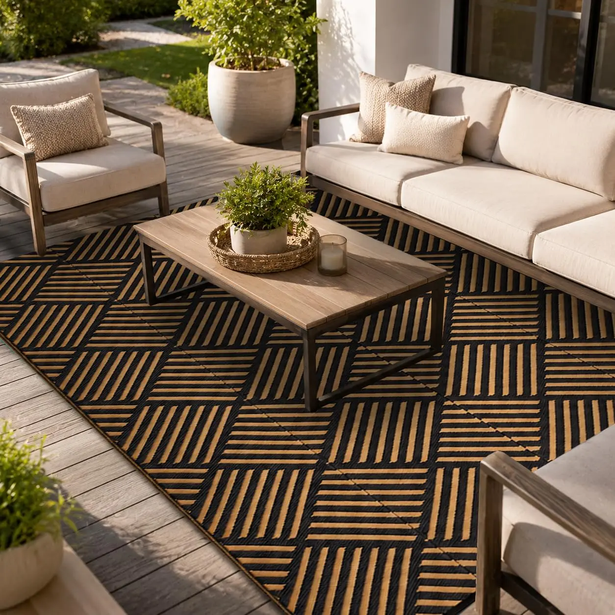 Waterproof Reversible Outdoor Rug, 5*8ft Collapsible PP Tube Woven Plastic Straw Patio Mat - Washable Modern Striped Area Rug for RV, Deck, Backyard, Beach & Picnic