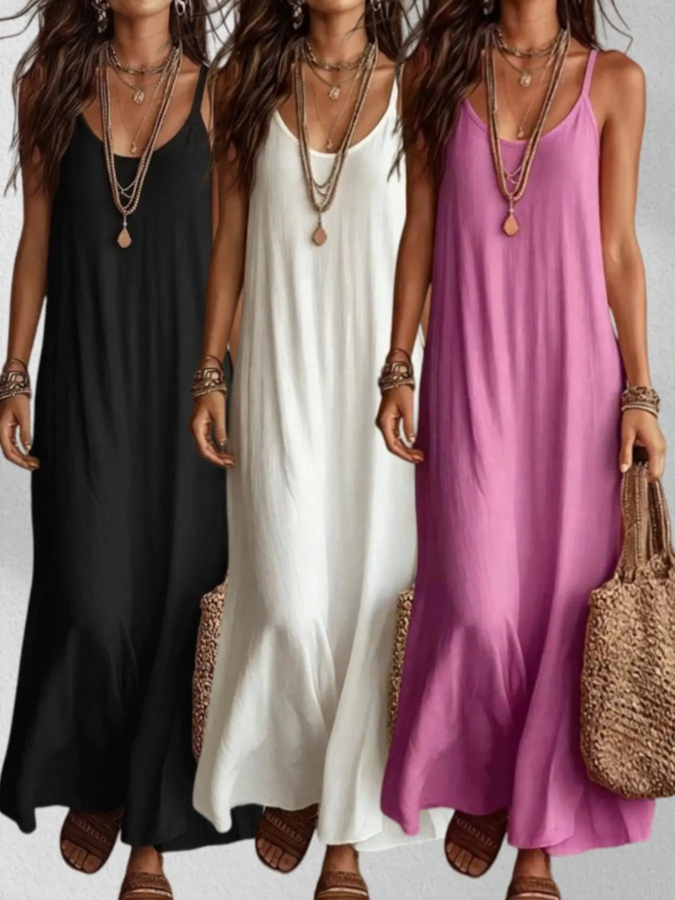 2026 New Arrival Bohemian Vacation Dress, Loose Fit V-Neck Halter Top, Solid Color Women's Sundress, Casual All Seasons Fashion