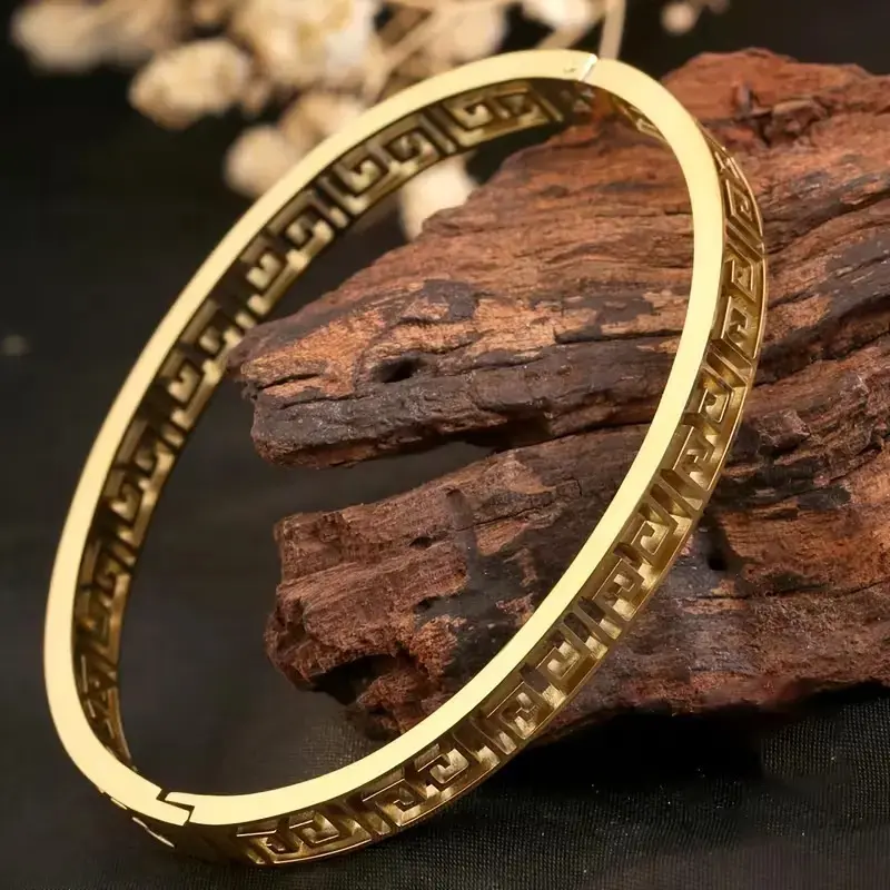 2PCS 14K Gold Hollow Great Wall Pattern Bracelet for Women | Winding Interlaced Design, Tarnish Resistant Water Safe Fashion Jewelry Gift