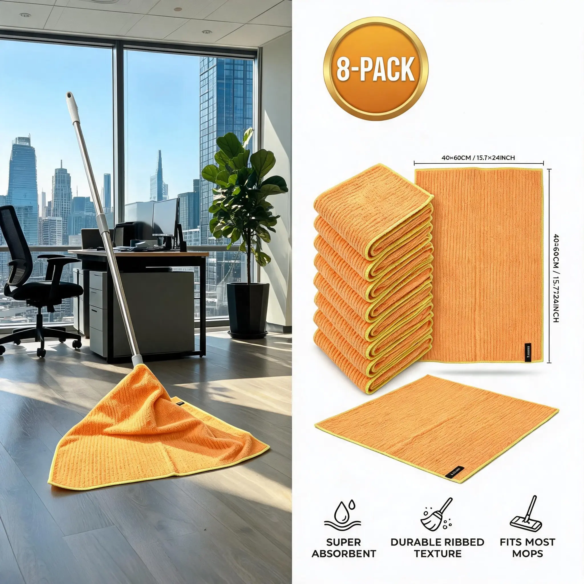 8-Pack Microfiber Mop Pads, 40x60 Cm, Strong Absorbent Reusable Mop Cloths, Fits Most Flat Mops, Home & Office Cleaning, Microfiber Mop Refills