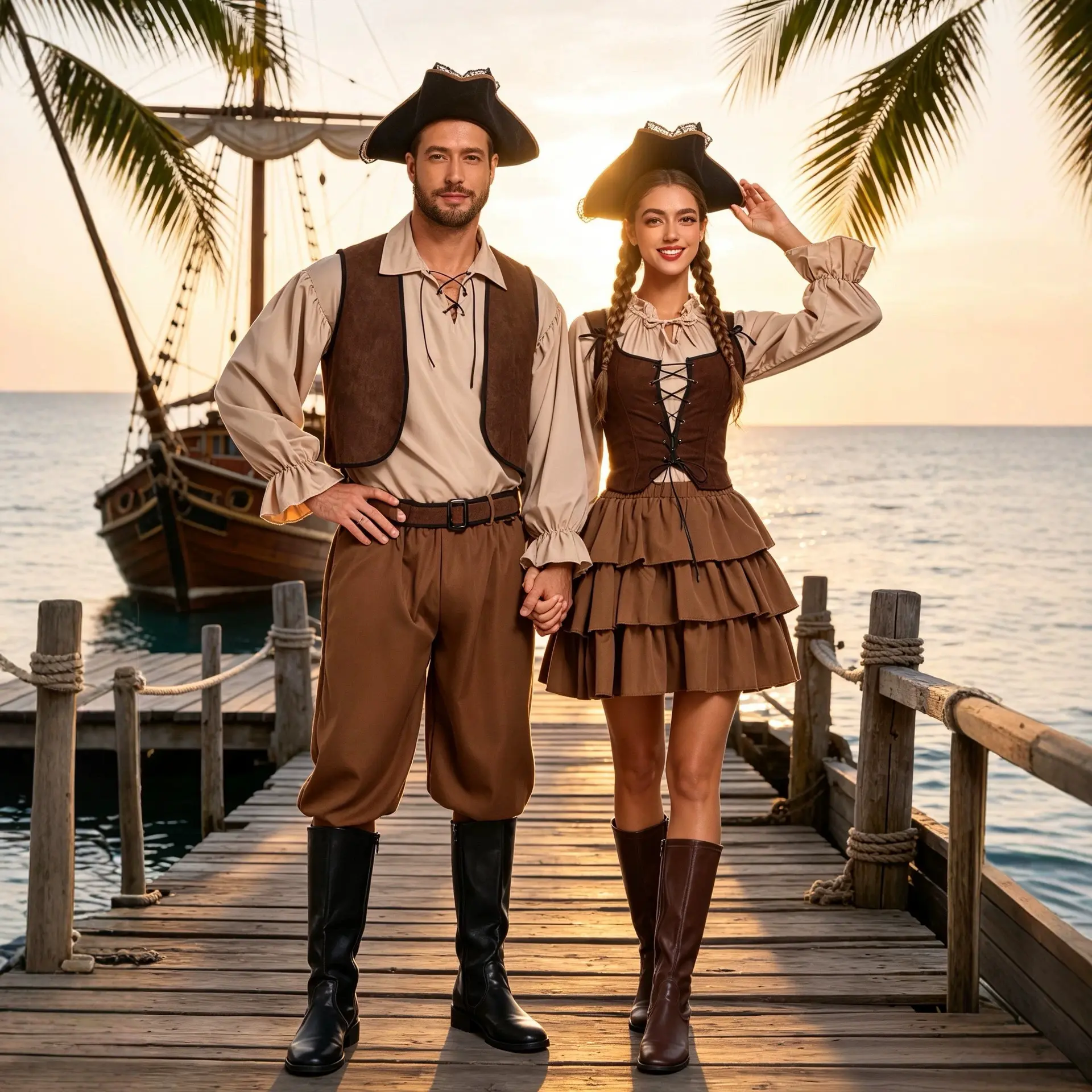 Couple Pirate Costume Set Retro Captain Outfit For Adult Men Women Halloween Role Play