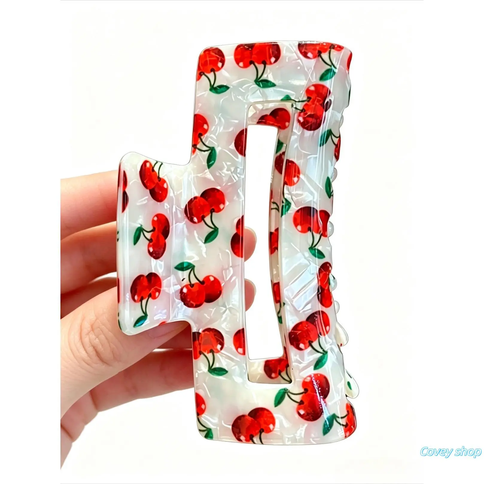 Women's Vintage Cherry Motif Acetate Hair Claw - Secure-Hold Hollow Flat Clip, Lightweight Casual Coquette Hairstyle Collectible Decor Accessory, Fruit Print