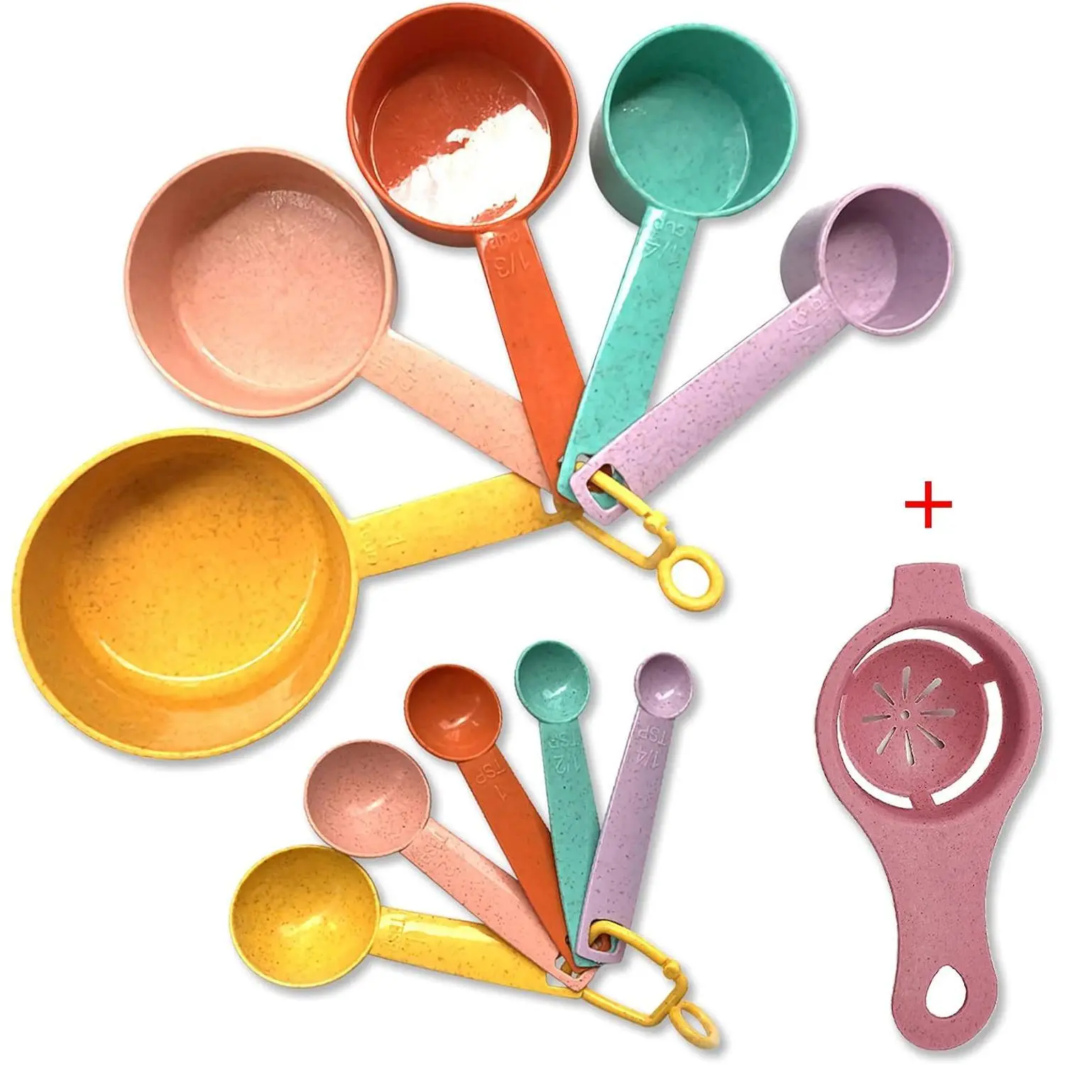 10-Count Plastic Measuring Cups and Spoons Set Pack - Silicone Utensils with Metric-US Engraved Markings, Multi-Size, Stackable for Liquid & Dry Measuring, 1 Cup & 1 Tbsp Capacity, Cooking & Baking Use, Random Color