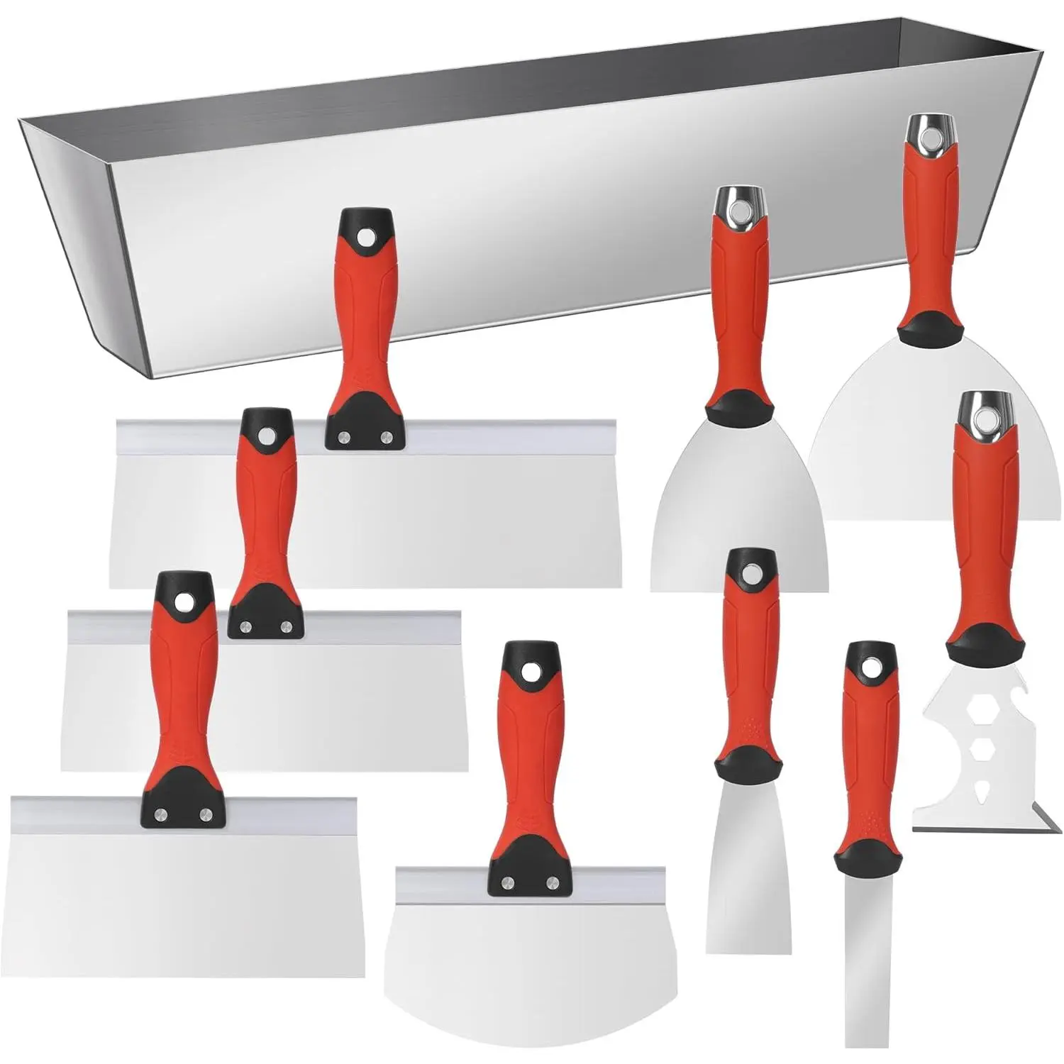 10Pcs Drywall Tool Kit, Stainless Steel Putty Knife Set with 1"-6" Knives, 8"-12" Taping Knives, 9-in-1 Painter Scraper, 12" Mud Pan & 6" Scoop for Drywall Taping, Finishing, and Patching