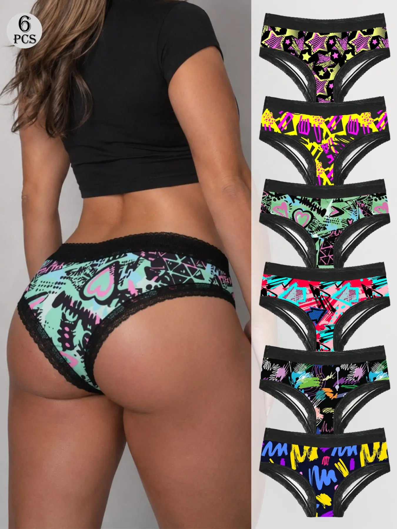 Morvia 6 Pack Bold Neon Graphic Lace Panties for Women, Playful Y2K Bikini Design Underwear, Smooth Stretch Fit, Party & Daily Wear