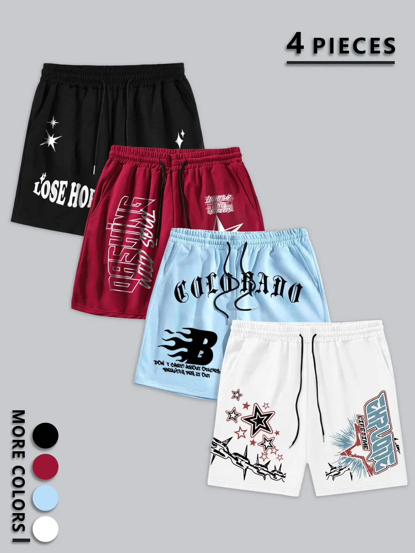 4 Pieces Mens Casual Printed Sweat Shorts Bundle, Gothic Letter Star Pattern Drawstring Elastic Waist Shorts With Side Pockets, Loose Streetwear Athletic Running Gym Summer Shorts For Daily Outdoor