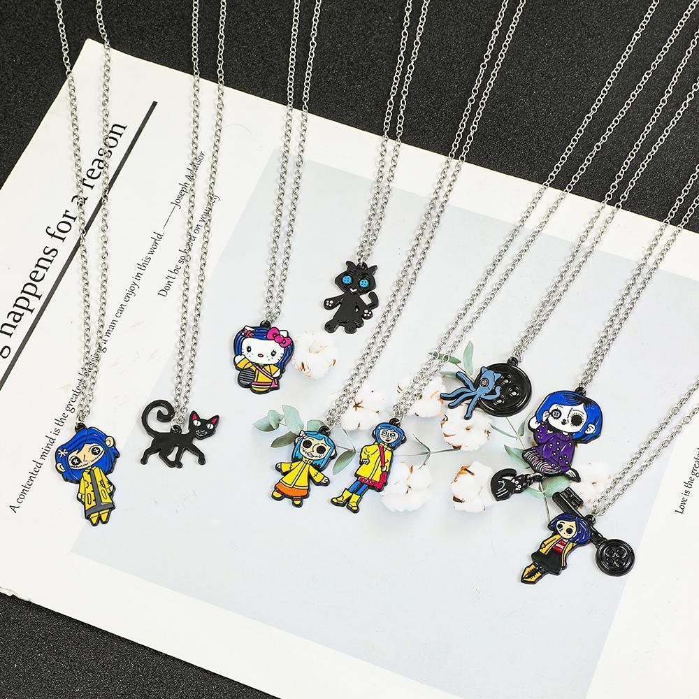 Ghost Mother Necklace Collection - Coraline Black Cat and Buttonhole Pendant, Tim Burton Gothic Jewelry