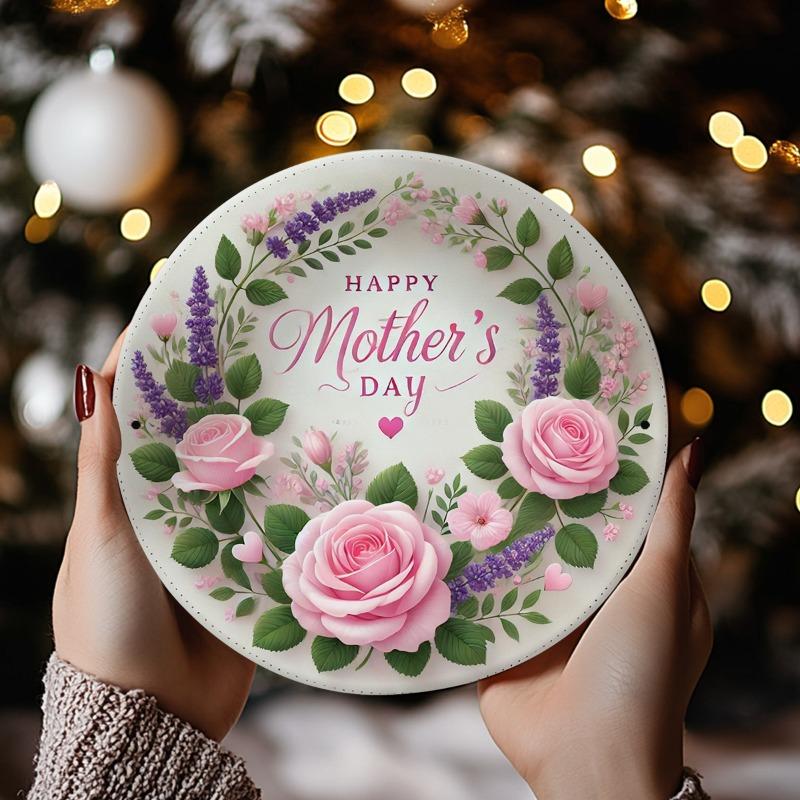 Happy Mother's Day Round Iron Wreath Sign, Vintage Floral Design with Pink Roses and Green Leaves, Easy To Hang for Indoor/outdoor Decoration - A Perfect