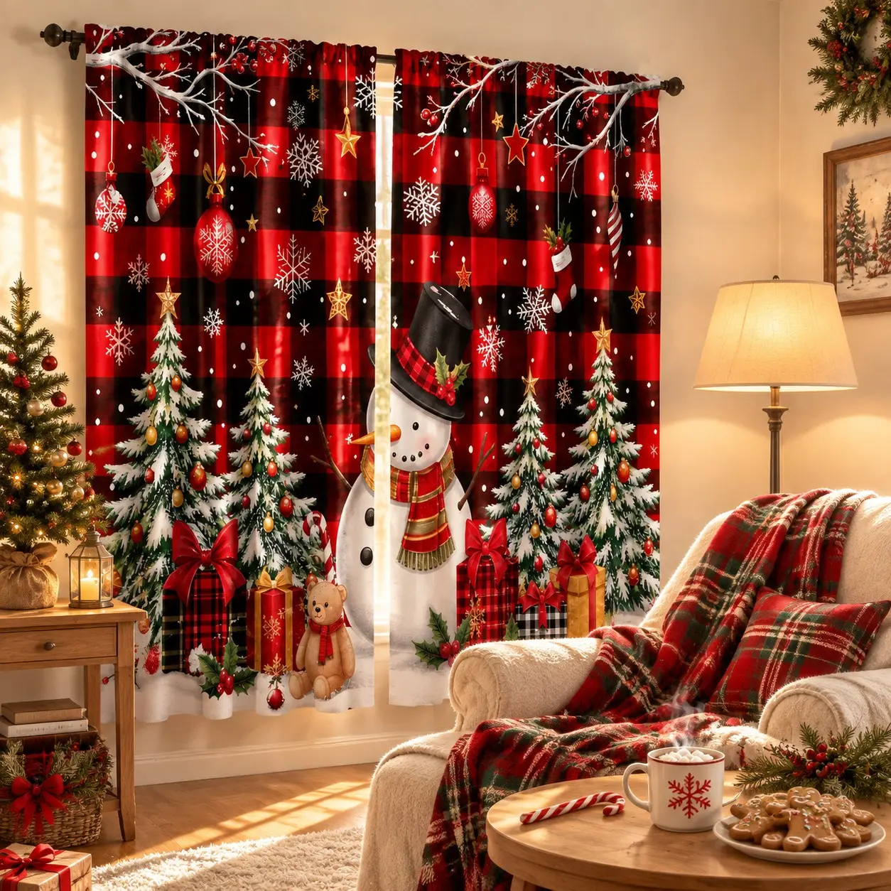 2-piece red and black checkered snowman Christmas-themed printed curtains, high-definition digital printing, machine washable and hand washable, hookless, suitable for living room, bedroom and party home decoration