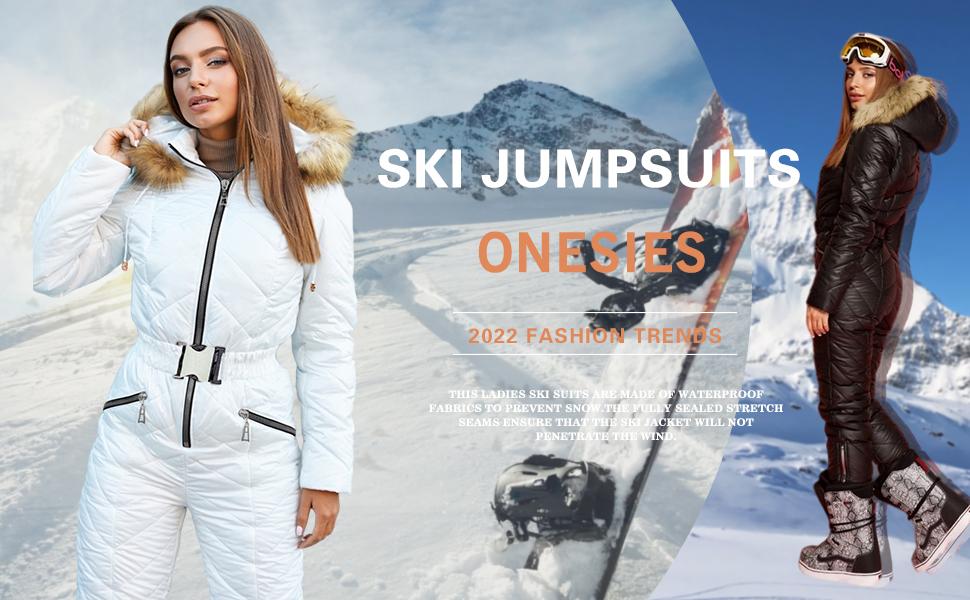 Yousify Women's Winter Ski Suit One-Piece Hooded Fur Collar Jumpsuit Snowsuit Outdoor Sports Coat Waterproof Removable Fur Collar