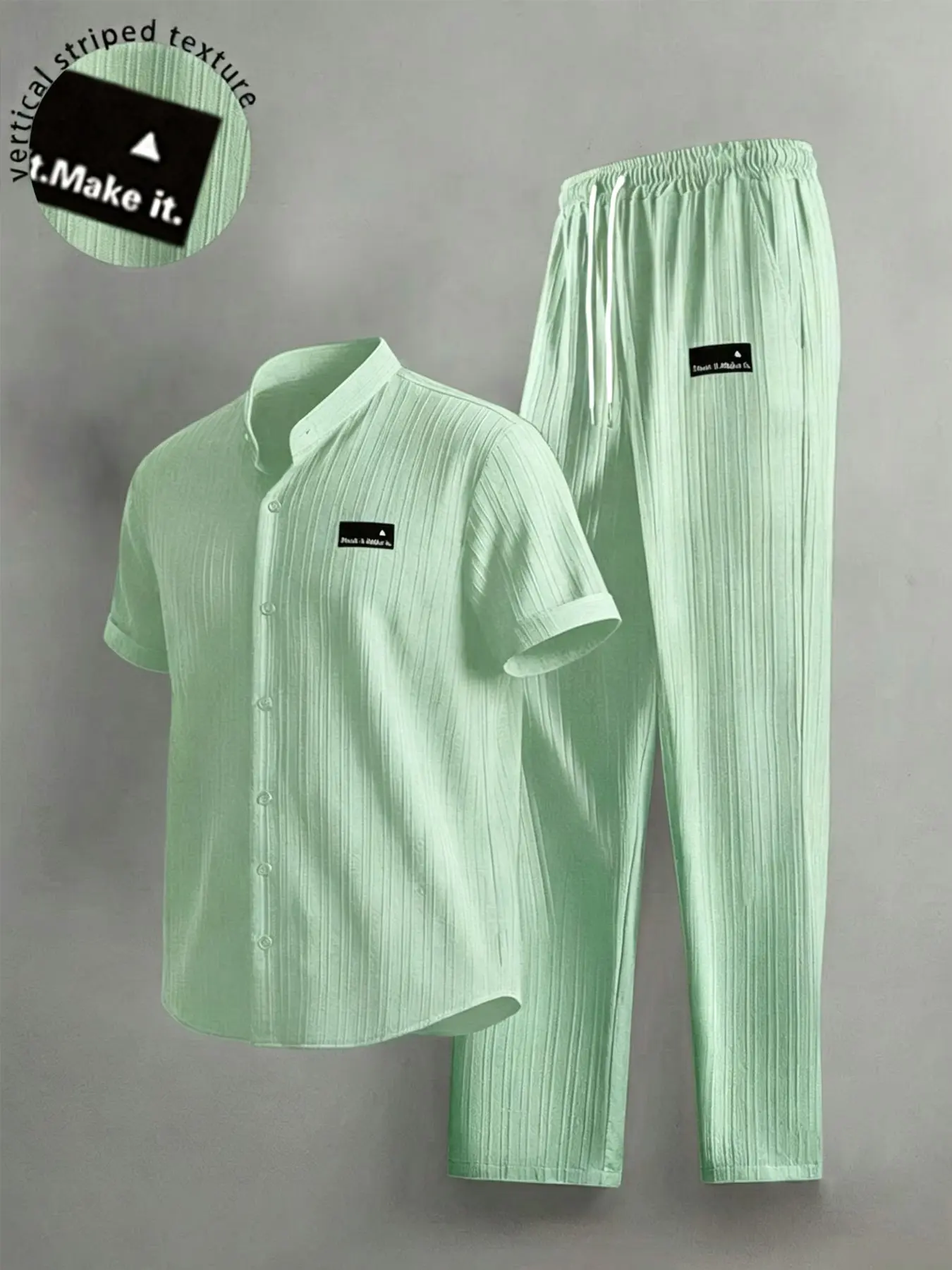 2026 Trendy Soft Boy Coastal Casual Men Crinkle Fabric Two Piece Loungewear Set Stand Collar Roll Cuff Short Sleeve Shirt Straight Drawstring Trousers Wrinkle Resistant Quick Dry Skin Friendly Matching Suit For Teen Boys Street Home Staycation Summer Dail