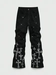 Men's Jeans with Cross Rhinestones, High-Waisted Button Waist, All-Season Street Style, Loose-Fit, Casual Long Pants