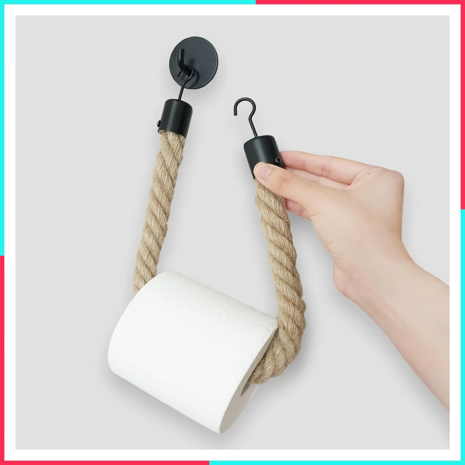 Nautical Rope Toilet Paper Holder - Self Adhesive, No Drill Required, Black, Stainless Steel and Cotton Rope
