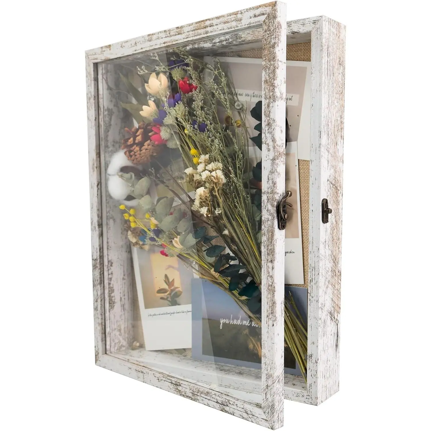 GraduationMall 11x14 Rustic White Wood Shadow Box Frame - Glass Door Decor Photo Display Case, 1.5in Interior Depth, Linen Back, 6 Stick Pins, Ideal Memorial Hanging Gift for Memorabilia Flowers Medals Tickets, Wall
