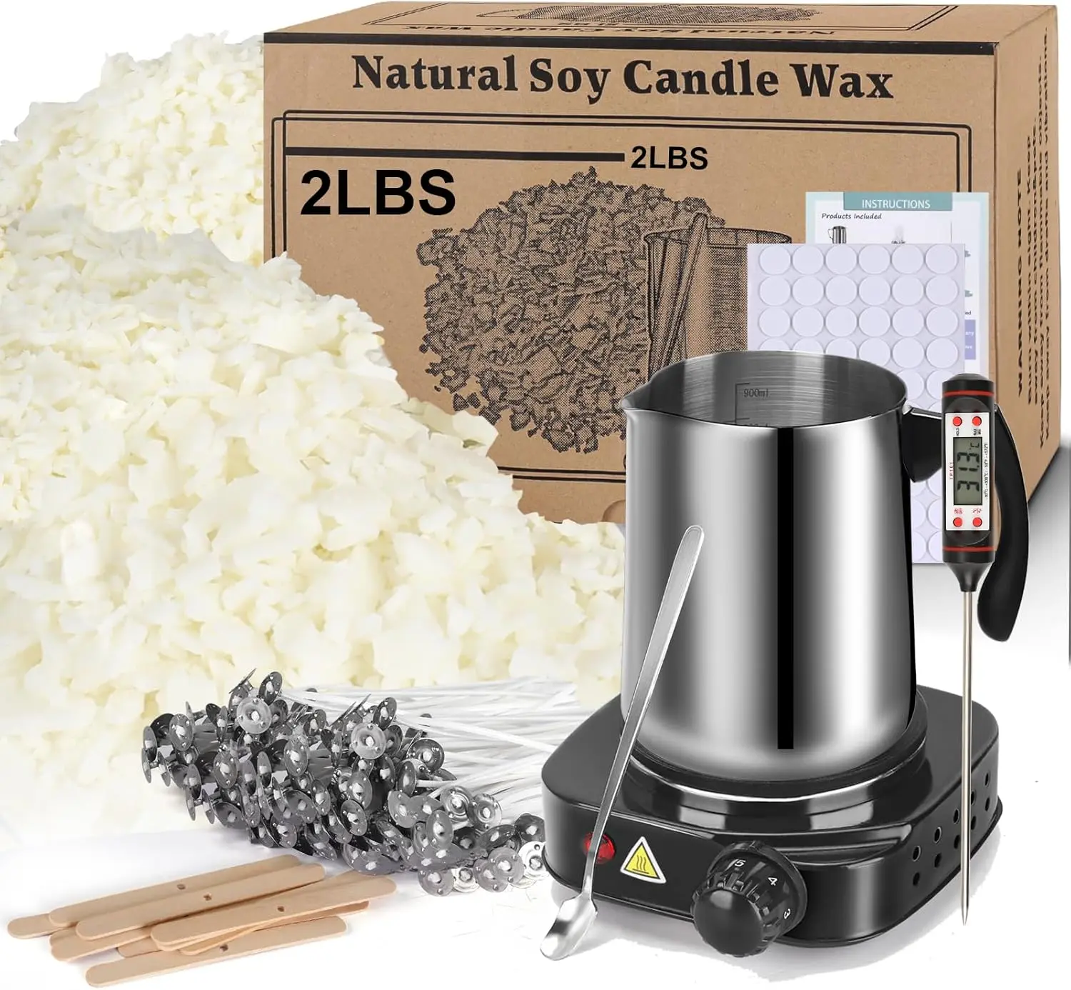 DIY Candle Making Kit with Electric Wax Melter Stove, 2lbs Natural Soy Wax Flakes Starter Set for Adults & Beginners, Full Craft Supplies with Wicks, Thermometer, Melting Pot