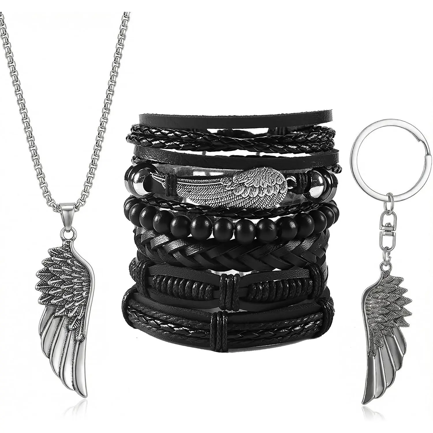 8 count Punk Leather Bracelets for Men Women, Studded Cuff Wristband & Pendant Necklace Set, Emo Goth Grunge Y2K Accessories for Concert Party, Adjustable PU Leather (Unisex)