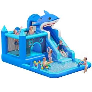 Outdoor Inflatable Water Park – Bouncy Castle with Water Slide, Climbing Wall, Trampoline, Water Launcher, Splash Pool, Basketball Hoop