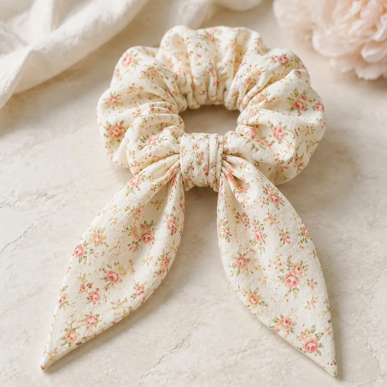 Vintage Floral Bow Scrunchie for Women & Girls, Cream Rose Print Hair Tie with Long Ribbon Tails, Cute Ponytail Holder for Daily Wear & Cottagecore Hairstyles