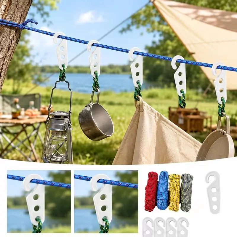 7-Piece Set, 10m Nylon Rope with 10 Hooks, Ideal for Securing and Dragging Items, Camping Gear, Indoor Outdoor Clothesline, Random Color