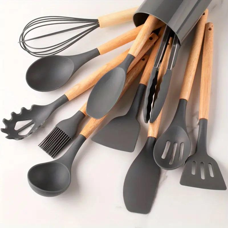 Silicone Cooking Utensils Set with Wooden Handle (12pcs/set), Non-stick Spatula Set, Kitchen Cooking Utensils Set, Birthday Gift Ideas, Kitchen Gadgets Utensil Set, Back To School Candy Kitchen Accessories, Fall Decor, Home Decor