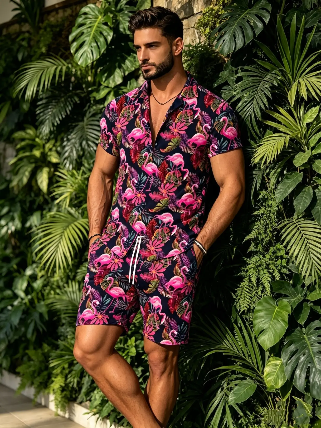 Men's 3D Fashion Summer Shirt Set, Tropical Flamingo Print, Short Sleeve, Casual, Slim-Fit, Outdoor & Beach Wear