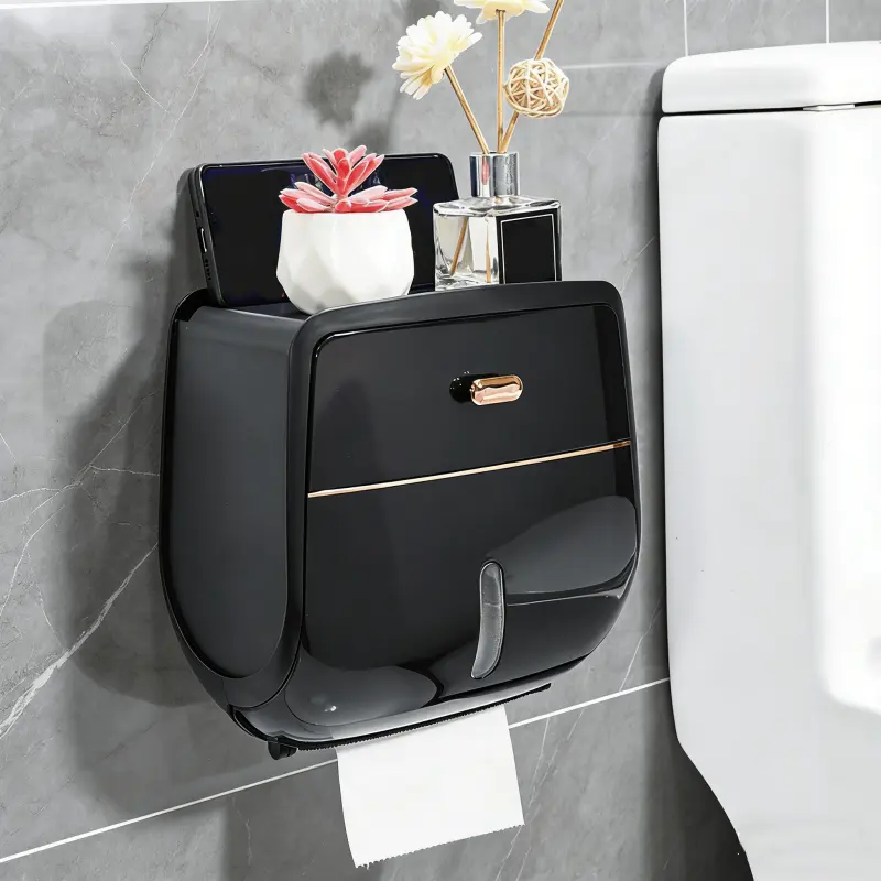 Punch-Free Double Tier Tissue Holder, Self-Adhesive Wall Mount Paper Towel Dispenser, Multipurpose Storage Rack for Bathroom Bedroom Living Room