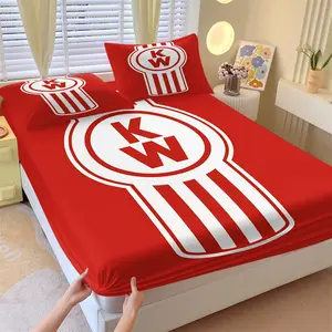 Red Background Kenworth KW Logo Fitted Sheet Set, 1 Fitted Sheet and 1-2 Coreless Pillowcases, Soft Breathable Anti-Slip Bedding, Classic White Striped Truck Badge Print, Ideal For Truck Driver Bedroom & Man Cave & Garage Decor