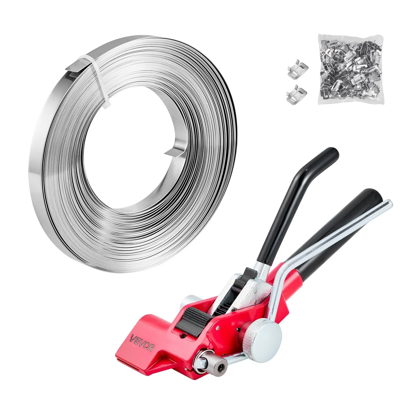 toolupgrade VEVOR Heavy-Duty Steel Banding Strapping Industrial Kit, Manual Sealer Tool with 100ft Length Binding Straps, 100 Metal Clasps for Warehouse, Transportation Bundling
