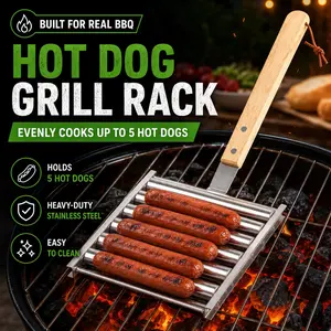 Hot Dog Grill Rack, Stainless Steel Sausage Roller for Grill, Holds 5 Hot Dogs with Extra-Long Detachable Wooden Handle, Easy to Clean BBQ Rack for Outdoor Grilling, Camping and Cookouts