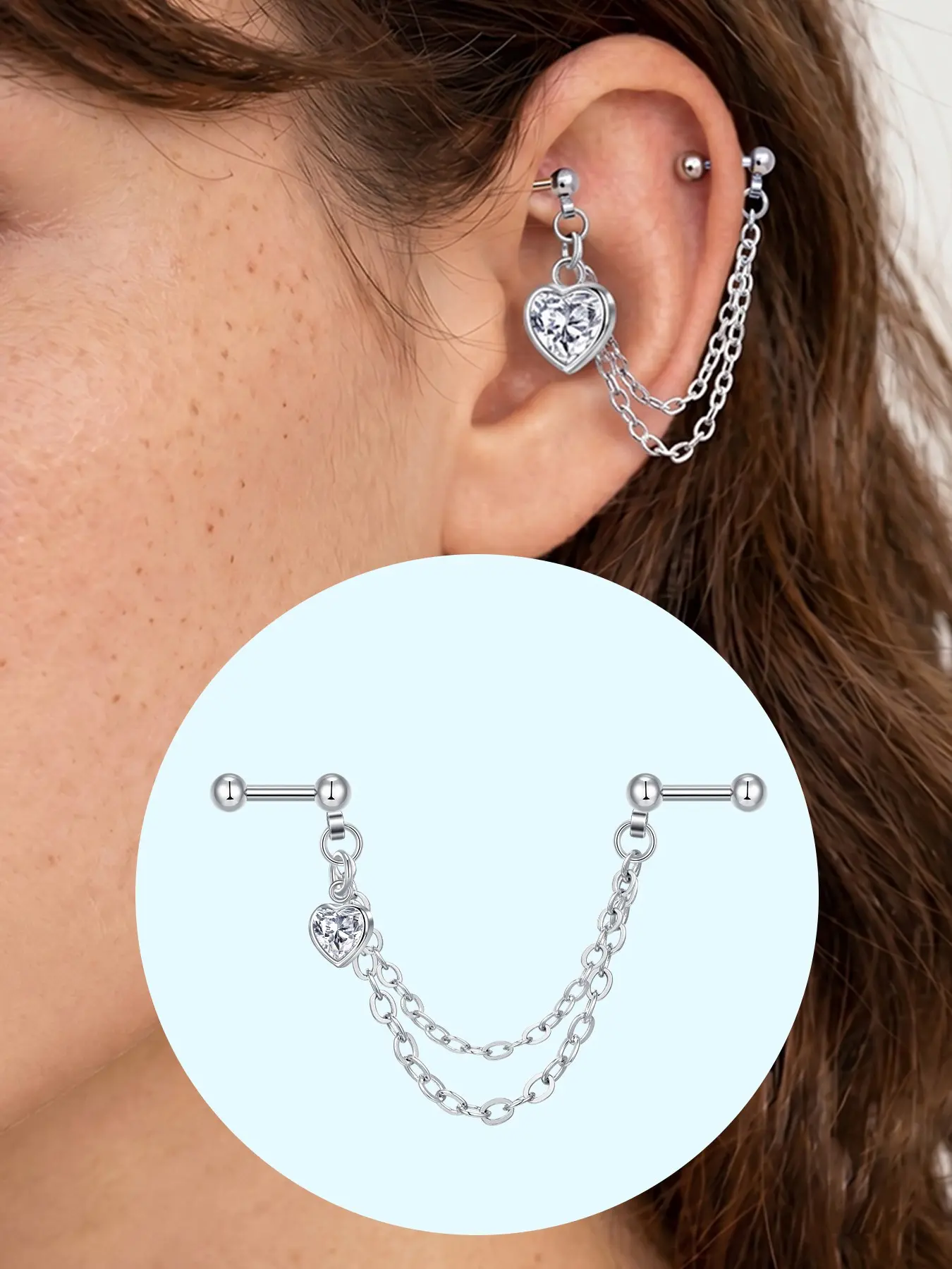 Single Piece Silver Color 16g Conch Earring Studs, Dual Layer Chain Ear Cuffs, Heart Flower Zircon Jewelry, Elegant Gift for Women