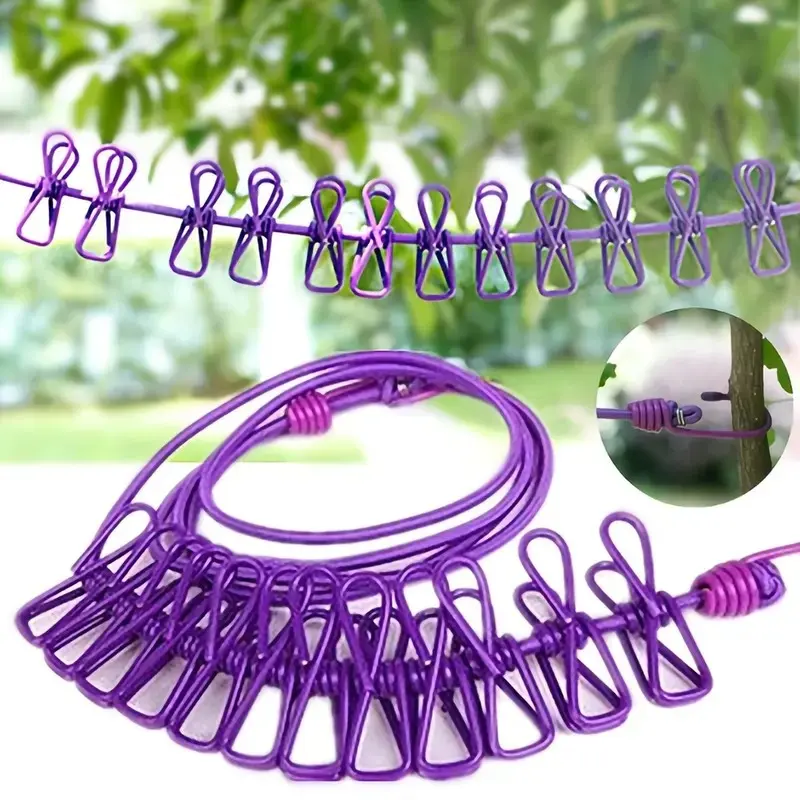 This elastic clothesline with 12 clips is ideal for drying socks, underwear, and other small items. The portable, retractable design makes it perfect for laundry, outdoor use, camping, hotels, and other settings.