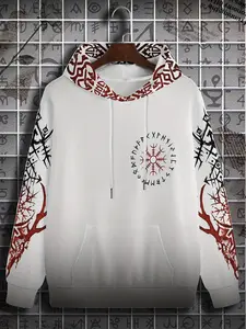 Viking Compass Magic Symbol Long Sleeve Sweatshirt, Asymmetrical Design, Loose-Fit, Fall & Winter, Men's Dark Fashion Hoodie