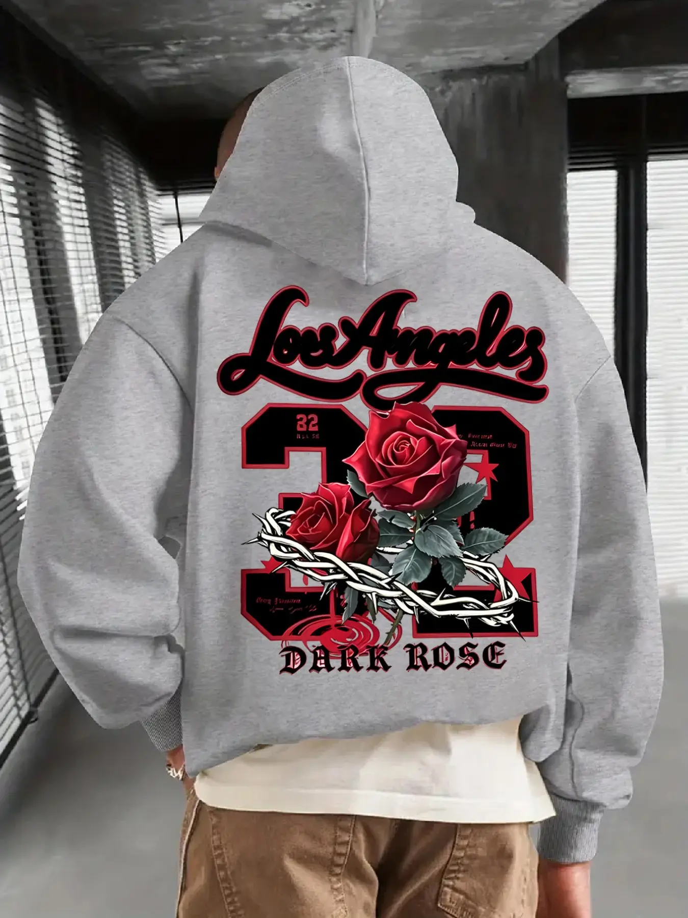American Los Angeles Thorn Rose Hoodie, Vintage Street Style, Loose-Fitting, Tribal Pattern, Fall & Winter Sweatshirt