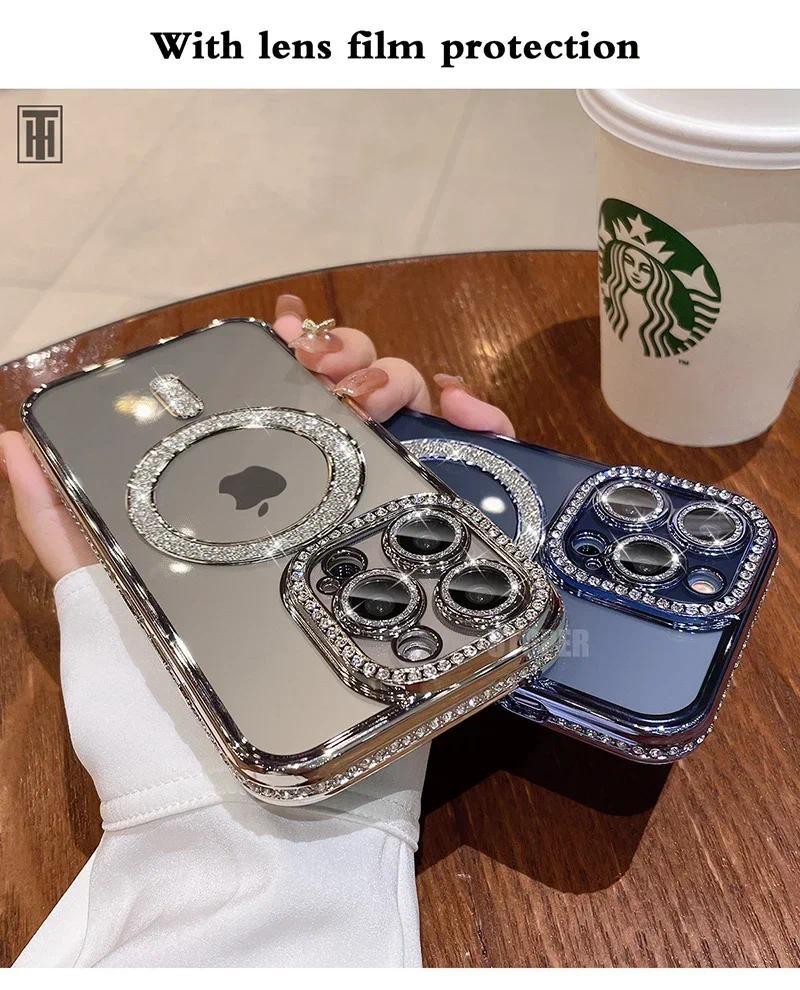 Luxury Bling Crystal Lens Film Phone Case For iPhone 15 11 12 13 14 Pro Max Plus Magsafe Magnetic Wireless Charging Clear Cover