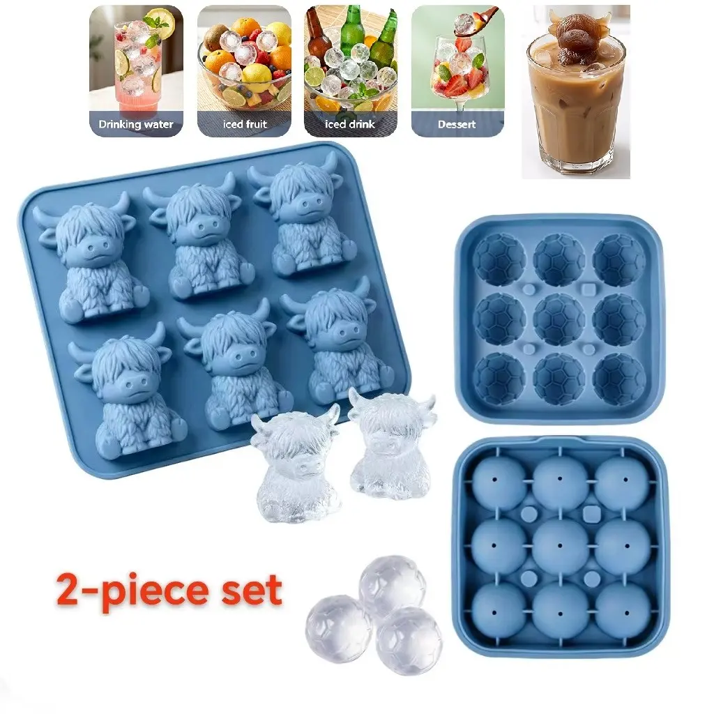 Cartoon Yak Ice Cube Tray + Soccer Ball Mold Set, Soft Easy Release Home Drink Ice Molds, Chocolate Jelly Molds for Kitchen Use