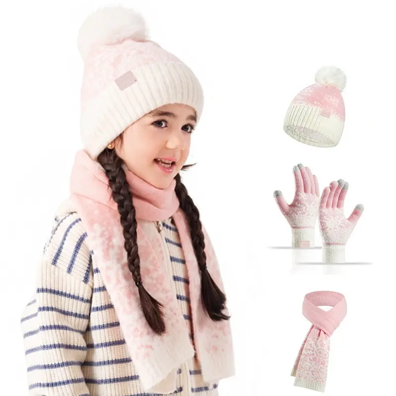 Kids Winter Warm 3‑Piece Knit Set, Thick Windproof Beanie Hat Scarf & Gloves Kit, Soft Yarn Cold Weather Outfit for Boys Girls, Outdoor Daily Wear & Fall Winter Cold‑weather Activities