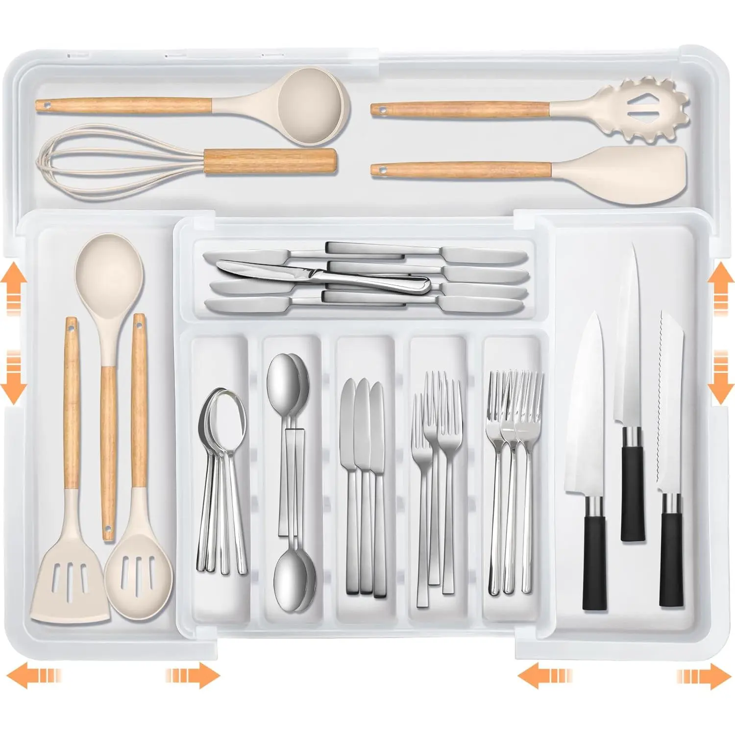 Large Silverware Drawer Organizer Expandable Kitchen Utensil Organizer  Flatware Cutlery Holder Tray Adjustable Plastic Drawer Divider Storage for Forks  6-9 Slots White
