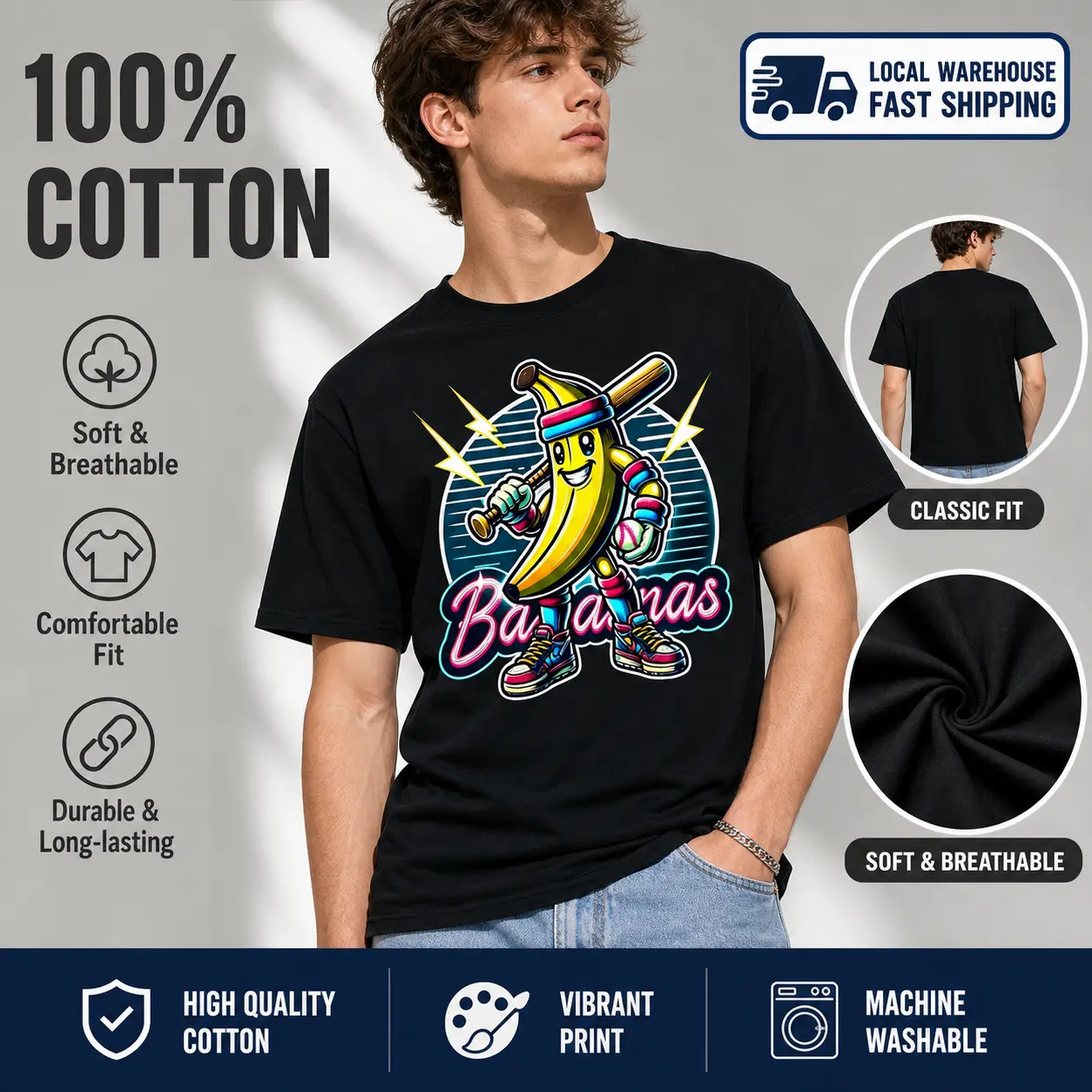 Unisex Funny Savannah Banana Mascot Baseball Shortleeve T-Shirt - Soft Cotton Graphic Top, Regular Fit Casual Fashion Round Neck Streetwear Clothing, Game Day Fan Gift, Machine Washable, Women's Black Crewneck Tees & Beach Check Shorts, Shortsleeve, Cloth