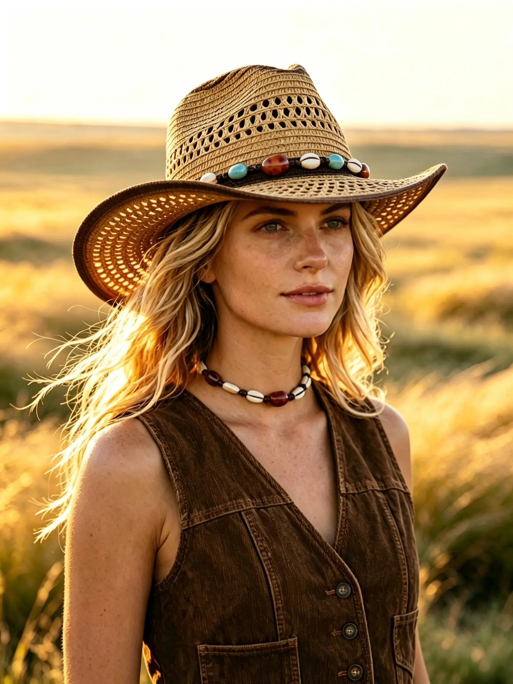 Vintage Boho Wide Brim Straw Hat, Turquoise Accent, Sun Protection, Breathable, Western Style, Outdoor Camping, Unisex, All Seasons, Holiday Hat
