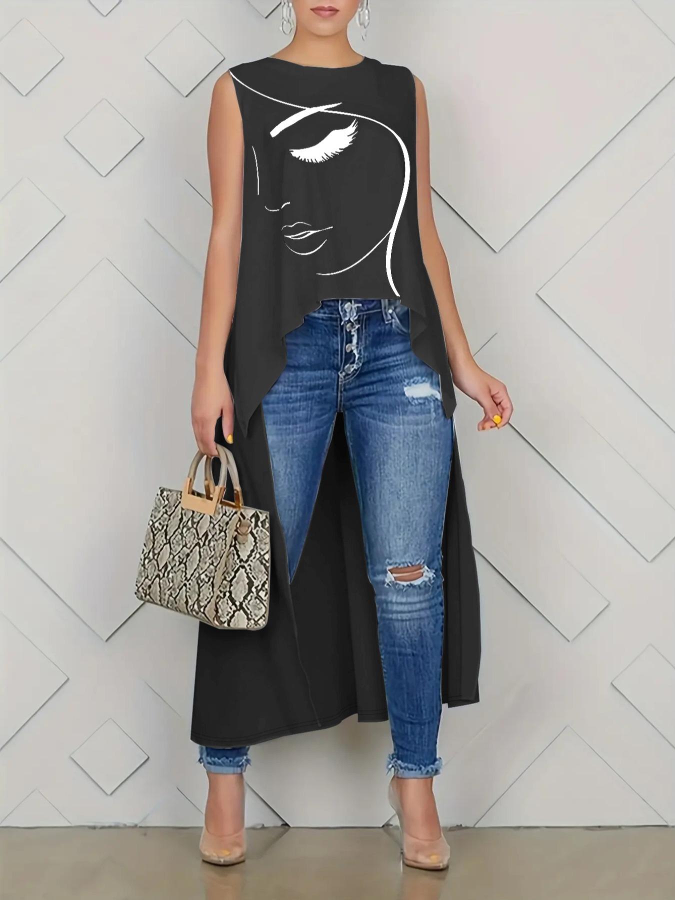 【Plus Size】 Figure Graphic High Low Tank Top, Casual Sleeveless Round Neck Top, Summer Outfits 2024, Tops for Women, Women's Plus Clothing for Daily Wear