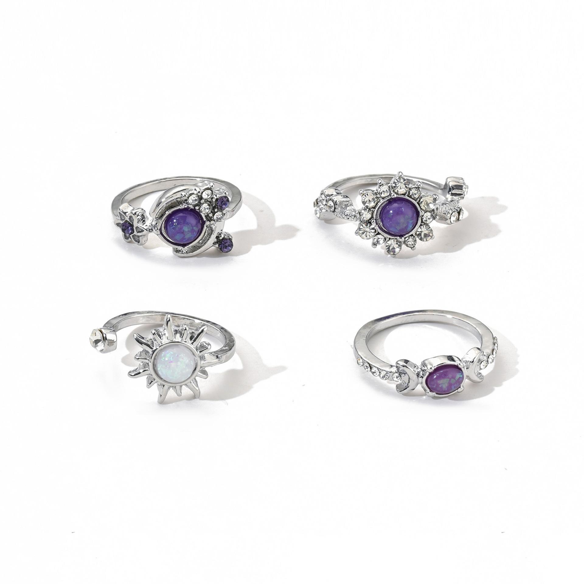 Women's Sun & Moon Gemstone Ring Set Trendy Geometric Stackable Jewelry with Sparkling Crystal Accents for Daily Wear and Parties