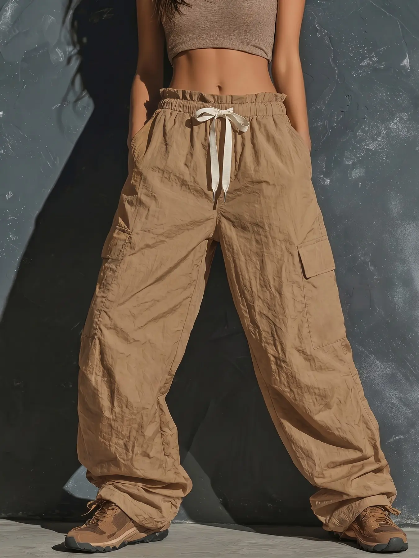 Women's High-Waisted Cargo Pants, Loose Wide-Leg Drawstring Utility Long Pants, Multi-Pocket Design, Lightweight Y2K Streetwear Casual Pants