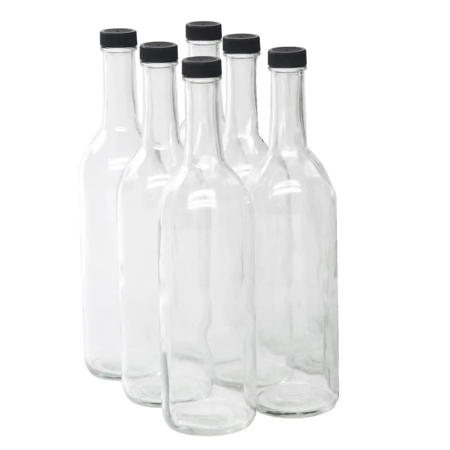 750ml Clear Glass Bordeaux Wine Bottle Flat-Bottomed Screw-Top Finish - with 28mm Black Plastic Lids - Case of 6